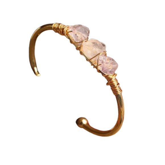 Natural Stone 3 Pink Stones Gold Cuff Bracelet *Handmade* - Picture 2 of 3